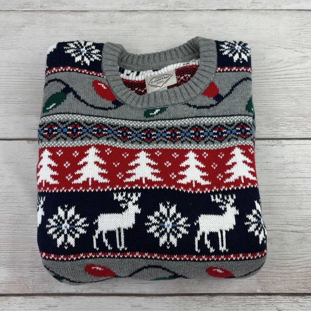 St Johns Bay Men's Medium Christmas Sweater Fair Isle Tree Lights Reindeer EXC - Picture 16 of 16